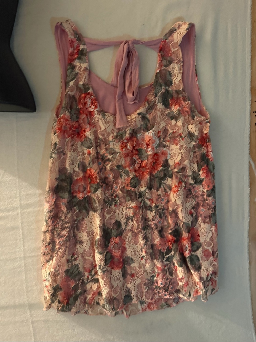 Floral Lace Tie-Back Tank Top - Dusty Pink